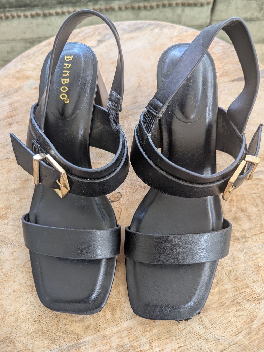 BAMBOO Black Slingback Block Heel Sandals with Gold Buckle